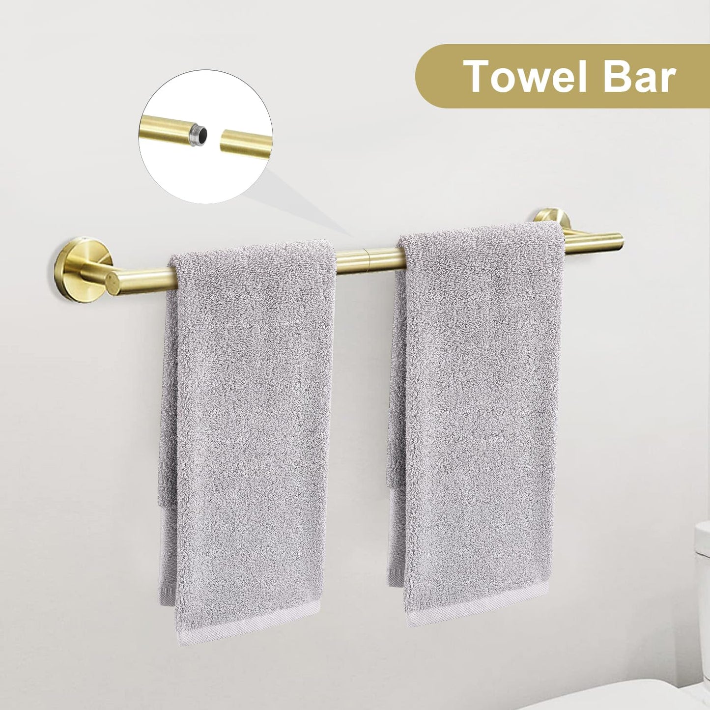 TURS Brushed Gold 5 Piece Bathroom Hardware Set, SUS304 Stainless Steel 24 Inch Bath Towel Bar Set, Round Bathroom Accessories Kit Wall Mounted