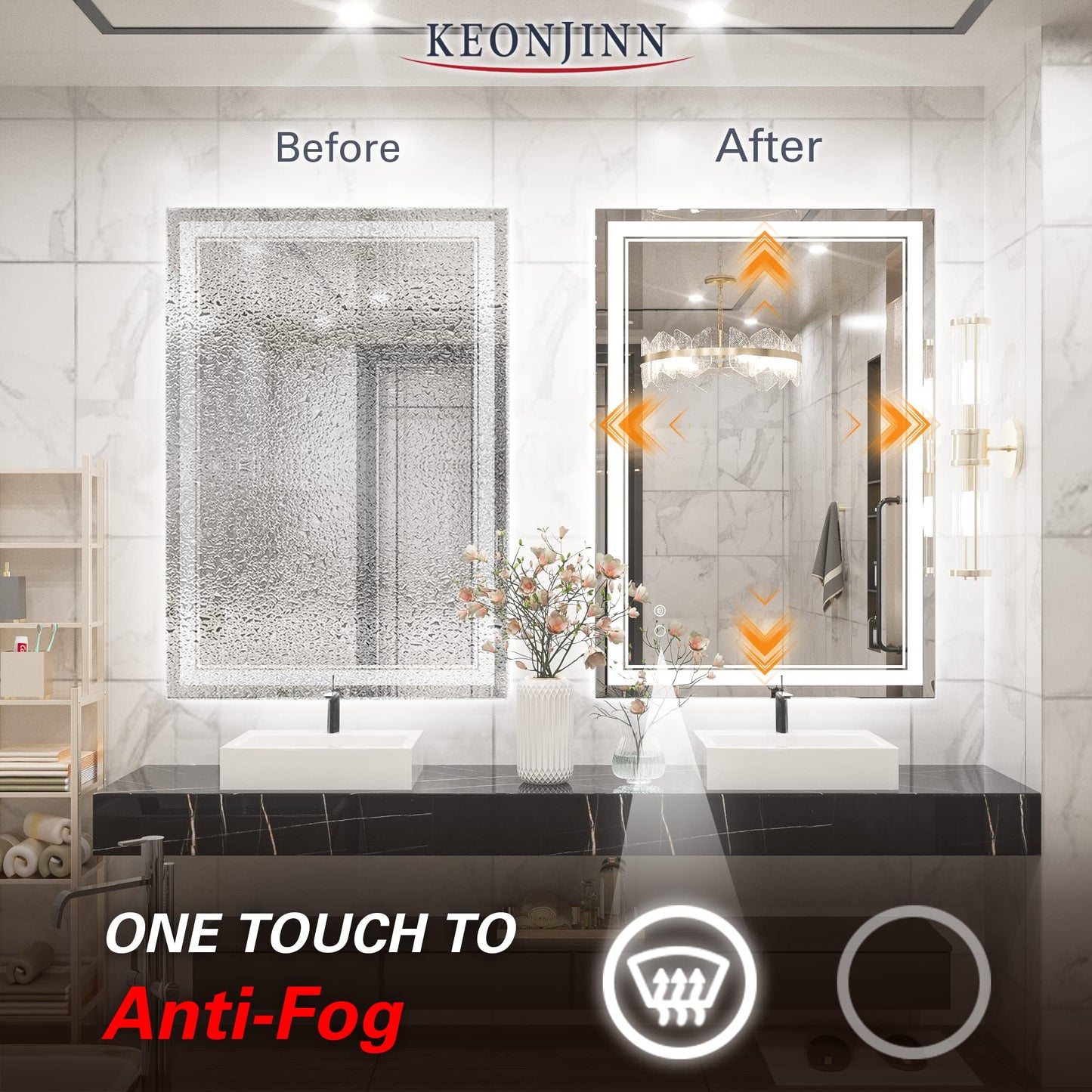 Keonjinn LED Bathroom Mirror 55 x 30 Inch Large Bathroom Mirror with Front Lights Lighted Vanity Mirror Wall Mounted Makeup Mirror Anti-Fog Dimmable Tempered Glass (Horizontal/Vertical)