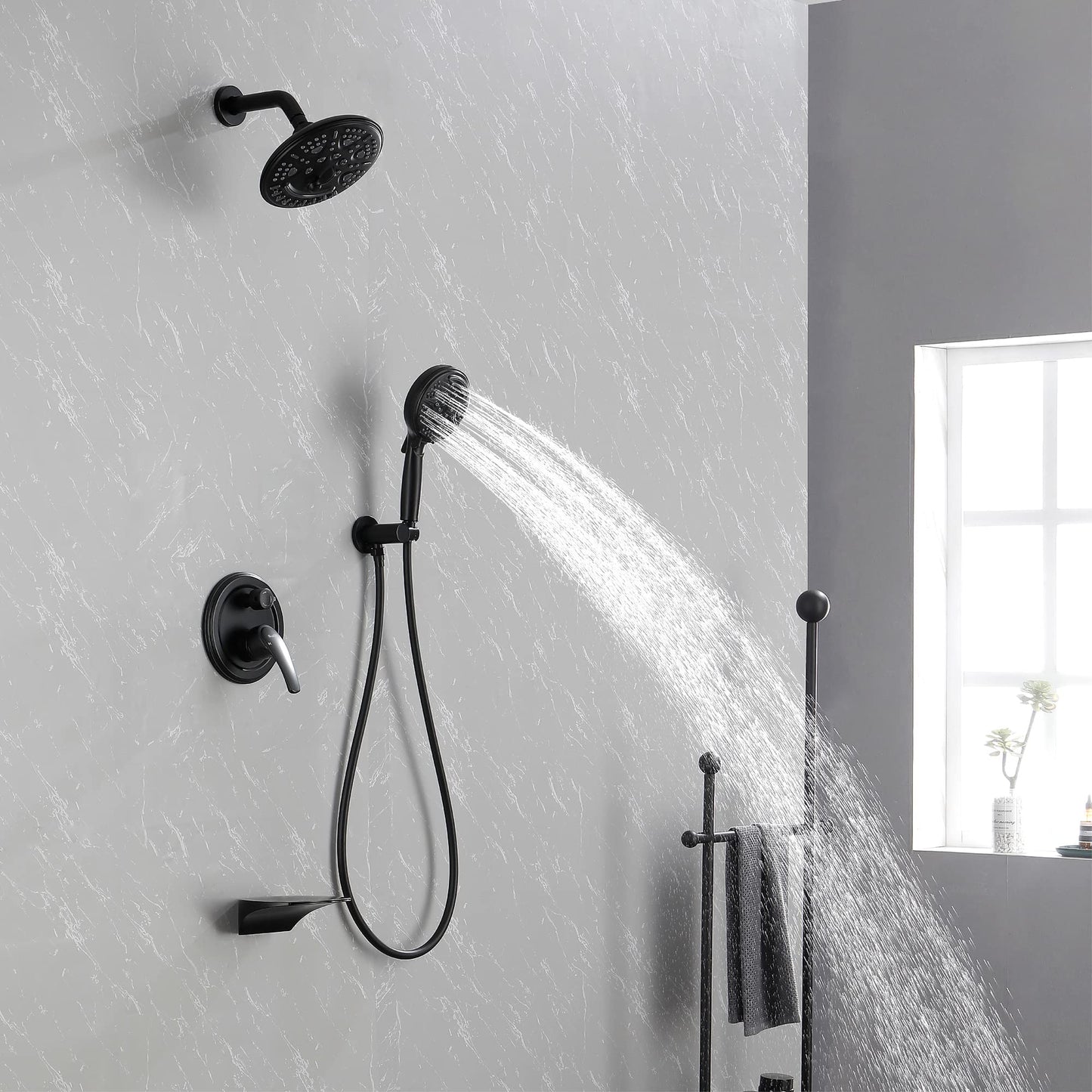 SHAMANDA Shower System with Waterfall Tub Spout and Handheld Shower Head, 12" Rain Shower Faucet Sets Complete with Shower Round-in Valve and Trim Wall Mount, Brushed Gold, L101-3