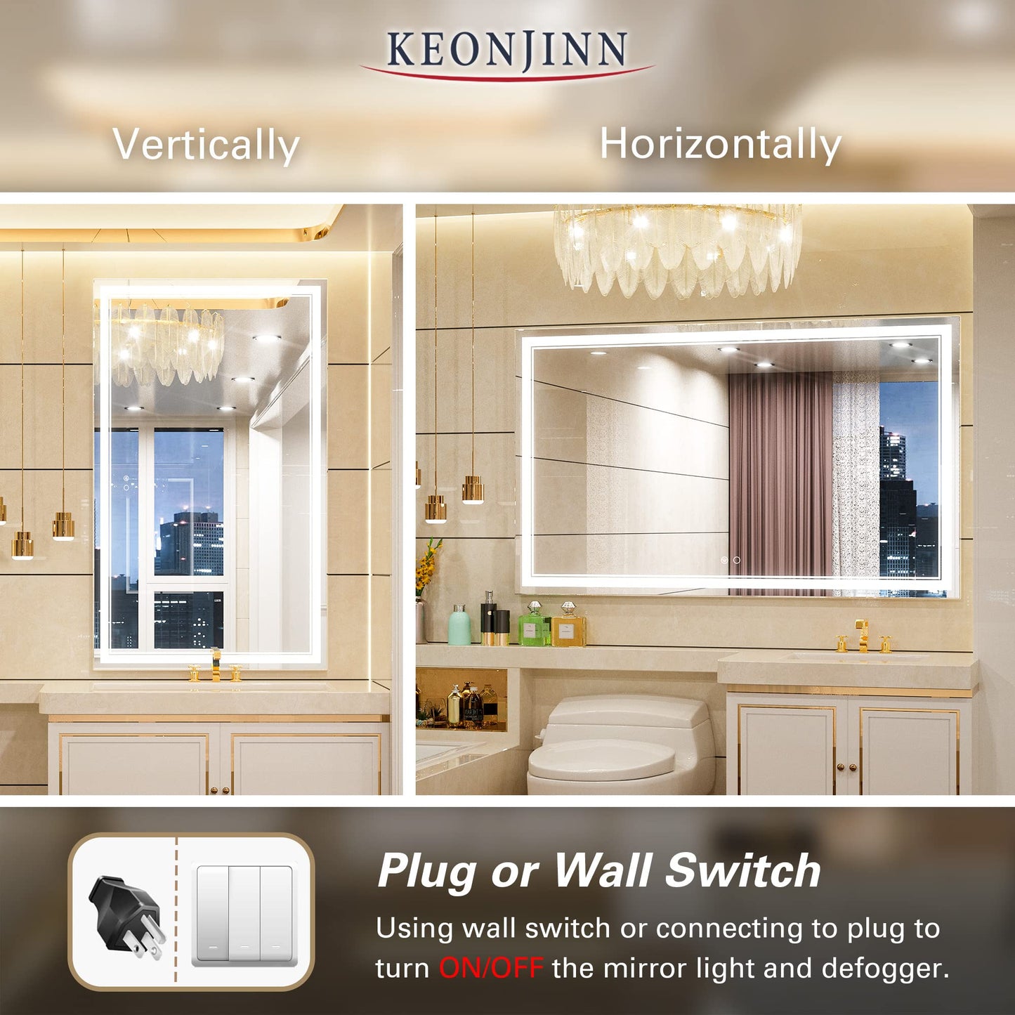 Keonjinn LED Bathroom Mirror 55 x 30 Inch Large Bathroom Mirror with Front Lights Lighted Vanity Mirror Wall Mounted Makeup Mirror Anti-Fog Dimmable Tempered Glass (Horizontal/Vertical)