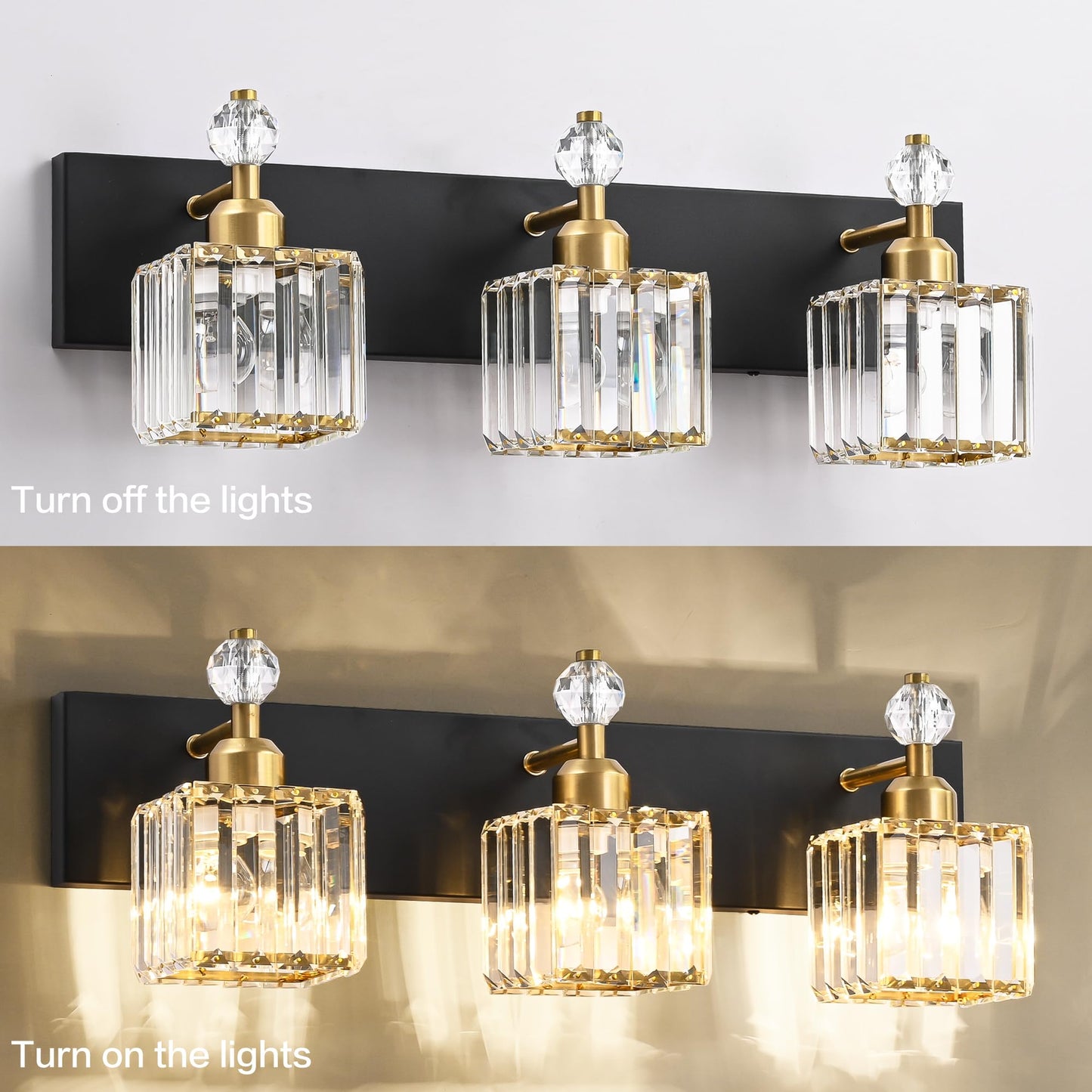 PRESDE Black Gold Crystal Bathroom Vanity Lights Fixtures Over Mirror Modern 3 Light Bath Wall Lighting