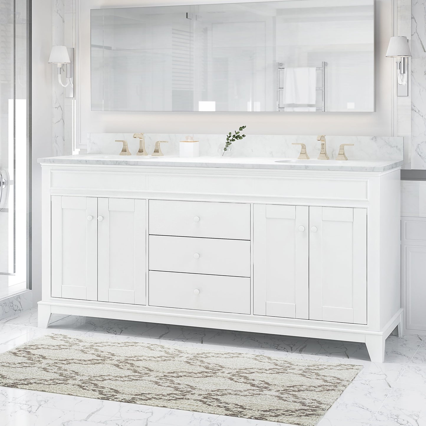 LUMISOL 72" Double Sink Bathroom Vanity with Marble Top, Solid Wood Bathroom Vanity with 3 Drawers and 4 Doors, Italian Carrara Bathroom Vanities with Double Ceramic Sink Set & Backsplash, White