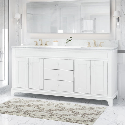 LUMISOL 72" Double Sink Bathroom Vanity with Marble Top, Solid Wood Bathroom Vanity with 3 Drawers and 4 Doors, Italian Carrara Bathroom Vanities with Double Ceramic Sink Set & Backsplash, White