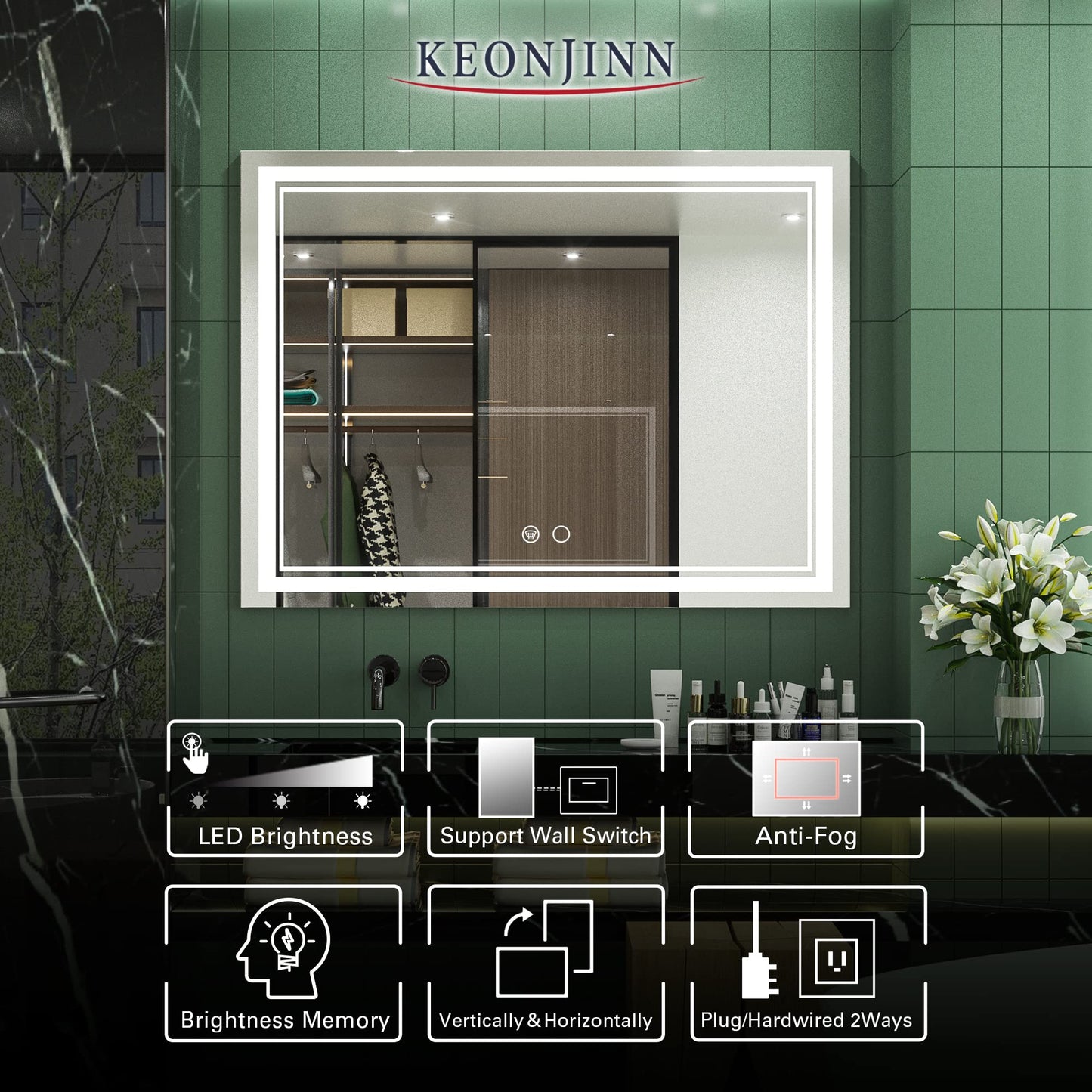 Keonjinn LED Bathroom Mirror 55 x 30 Inch Large Bathroom Mirror with Front Lights Lighted Vanity Mirror Wall Mounted Makeup Mirror Anti-Fog Dimmable Tempered Glass (Horizontal/Vertical)