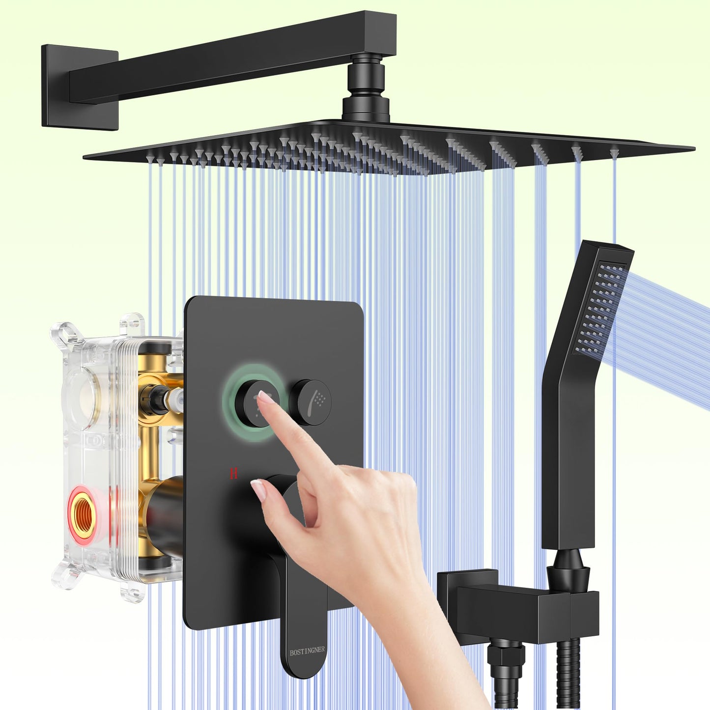 Matte Black Shower System, Shower Faucet Set with 3 Way Pressure Balance Valve and Trim Kit All Metal 10 Inch Rainfall Shower Head System Wall Mounted Can Use All Faucets At Same Time