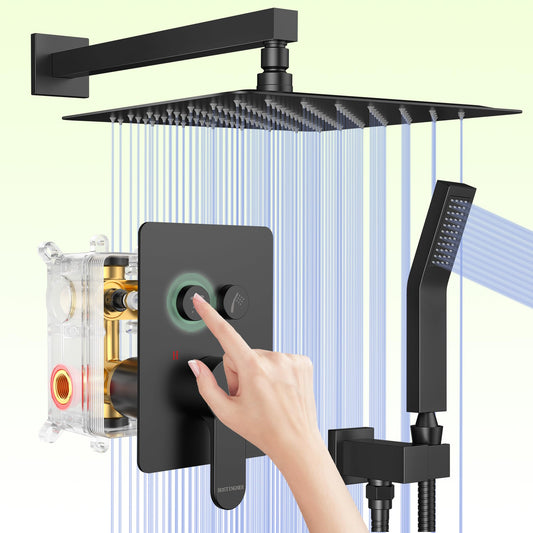 Matte Black Shower System, Shower Faucet Set with 3 Way Pressure Balance Valve and Trim Kit All Metal 10 Inch Rainfall Shower Head System Wall Mounted Can Use All Faucets At Same Time