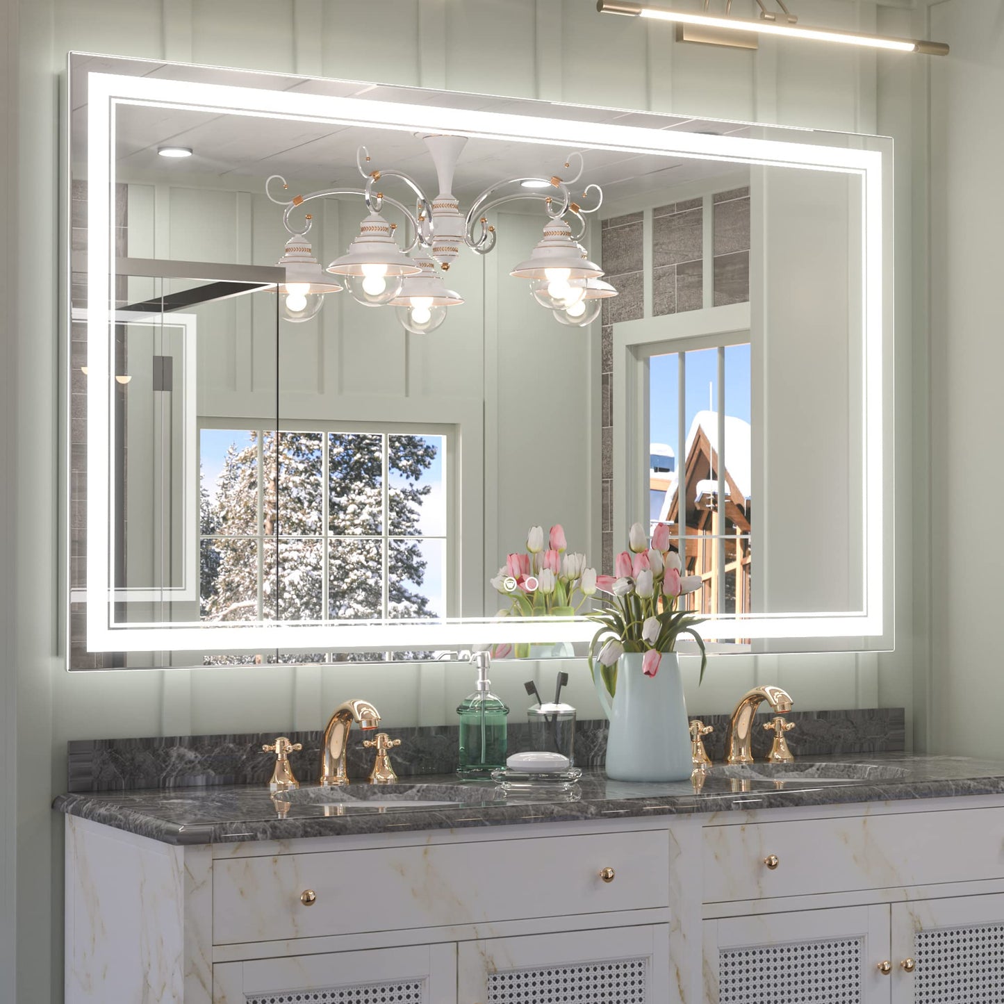 Keonjinn LED Bathroom Mirror 55 x 30 Inch Large Bathroom Mirror with Front Lights Lighted Vanity Mirror Wall Mounted Makeup Mirror Anti-Fog Dimmable Tempered Glass (Horizontal/Vertical)