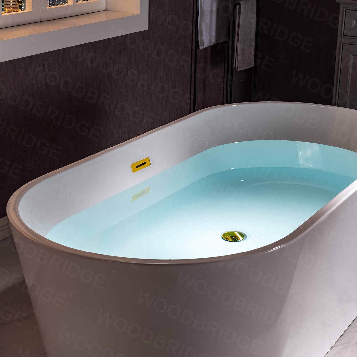 WOODBRIDGE 59" Acrylic Freestanding Bathtub Contemporary Soaking White Tub with Brushed Nickel Overflow and Drain,B0014 -B/N-Drain &O