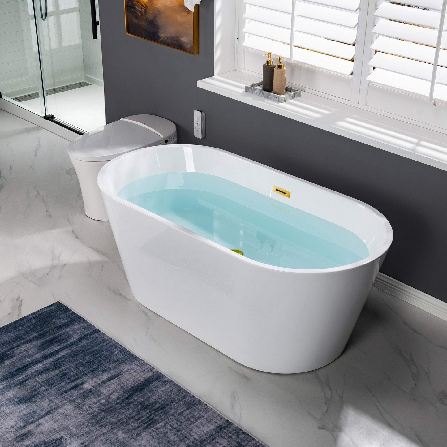 WOODBRIDGE 59" Acrylic Freestanding Bathtub Contemporary Soaking White Tub with Brushed Nickel Overflow and Drain,B0014 -B/N-Drain &O
