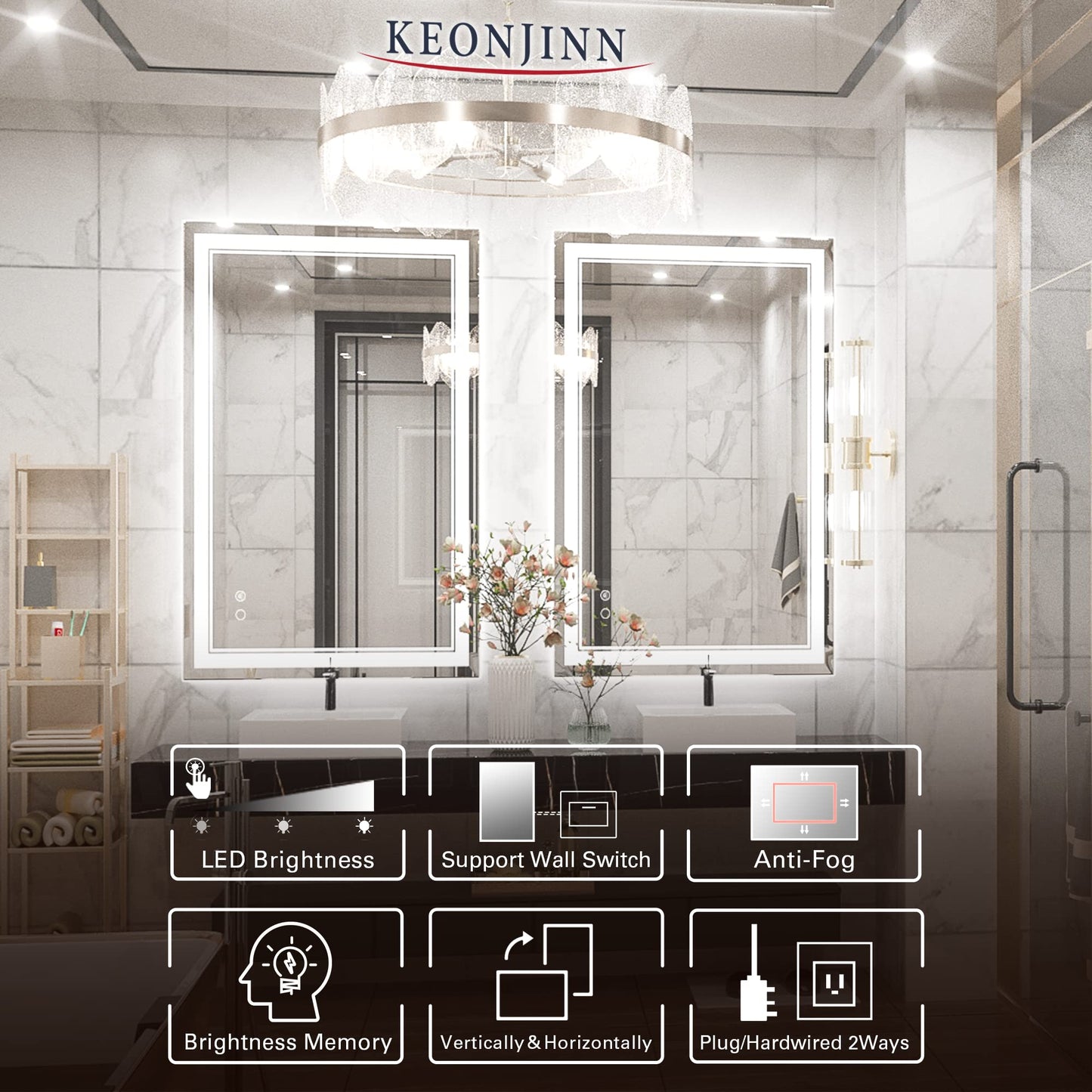 Keonjinn LED Bathroom Mirror 55 x 30 Inch Large Bathroom Mirror with Front Lights Lighted Vanity Mirror Wall Mounted Makeup Mirror Anti-Fog Dimmable Tempered Glass (Horizontal/Vertical)
