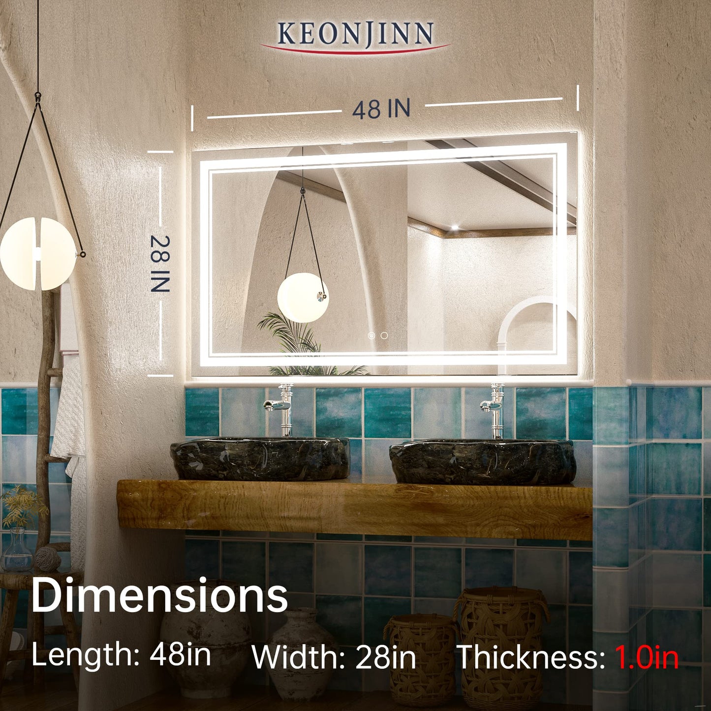 Keonjinn LED Bathroom Mirror 55 x 30 Inch Large Bathroom Mirror with Front Lights Lighted Vanity Mirror Wall Mounted Makeup Mirror Anti-Fog Dimmable Tempered Glass (Horizontal/Vertical)