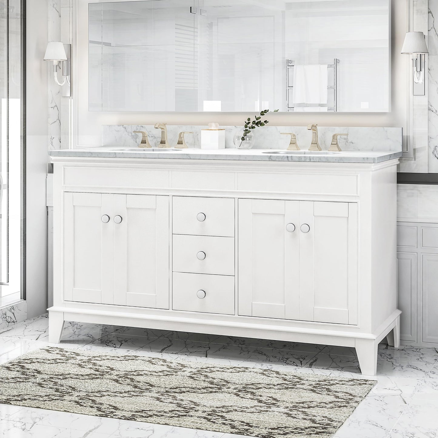 LUMISOL 72" Double Sink Bathroom Vanity with Marble Top, Solid Wood Bathroom Vanity with 3 Drawers and 4 Doors, Italian Carrara Bathroom Vanities with Double Ceramic Sink Set & Backsplash, White