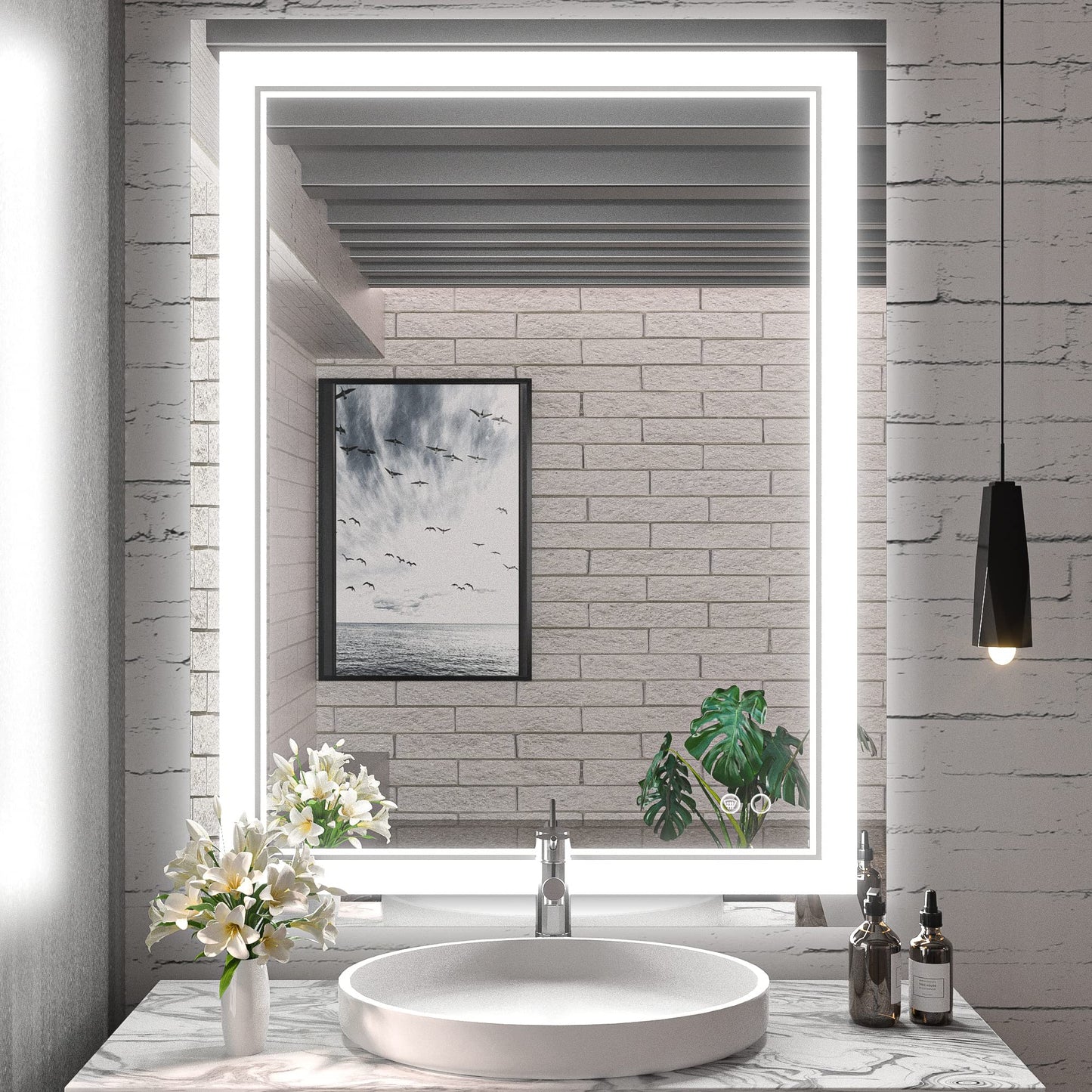 Keonjinn LED Bathroom Mirror 55 x 30 Inch Large Bathroom Mirror with Front Lights Lighted Vanity Mirror Wall Mounted Makeup Mirror Anti-Fog Dimmable Tempered Glass (Horizontal/Vertical)