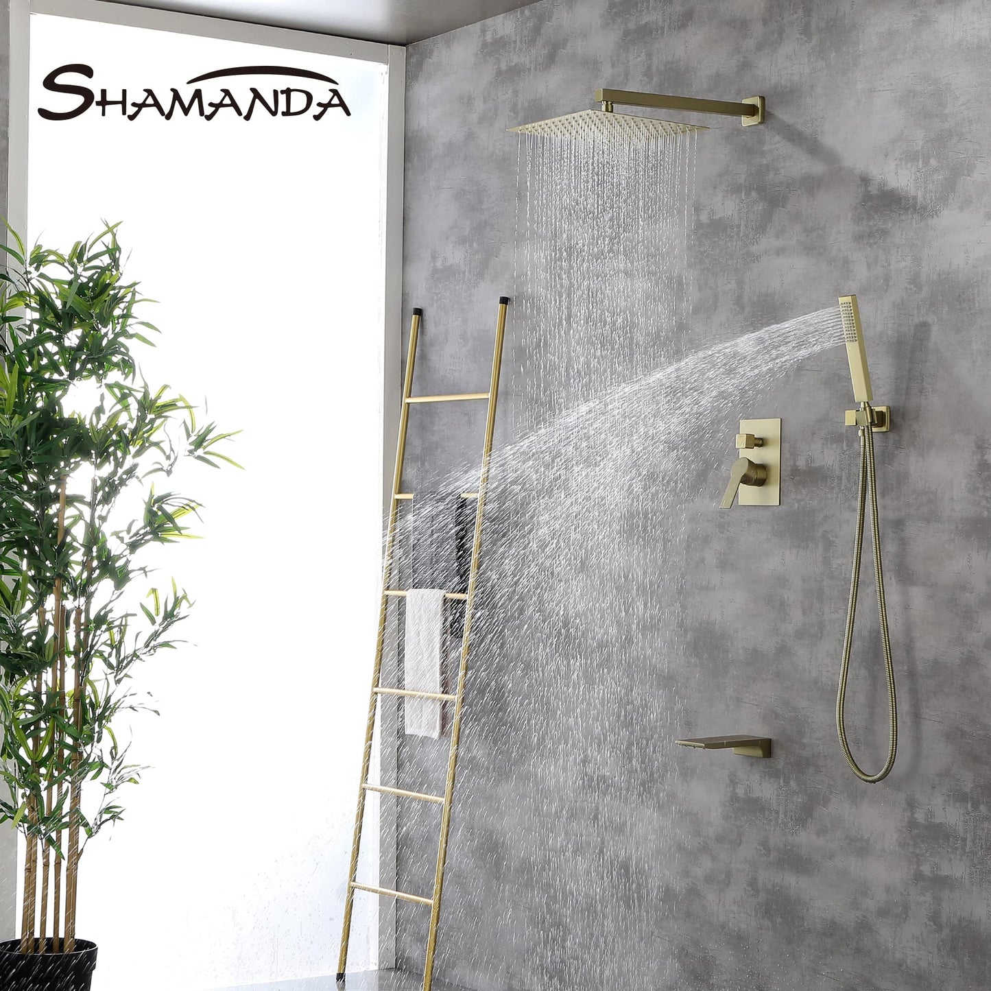 SHAMANDA Shower System with Waterfall Tub Spout and Handheld Shower Head, 12" Rain Shower Faucet Sets Complete with Shower Round-in Valve and Trim Wall Mount, Brushed Gold, L101-3