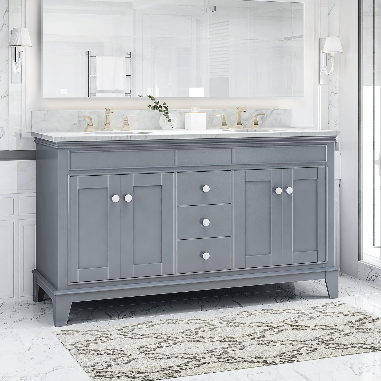 LUMISOL 72" Double Sink Bathroom Vanity with Marble Top, Solid Wood Bathroom Vanity with 3 Drawers and 4 Doors, Italian Carrara Bathroom Vanities with Double Ceramic Sink Set & Backsplash, White