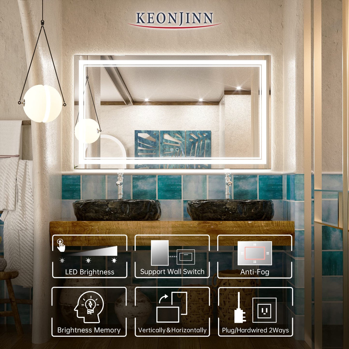 Keonjinn LED Bathroom Mirror 55 x 30 Inch Large Bathroom Mirror with Front Lights Lighted Vanity Mirror Wall Mounted Makeup Mirror Anti-Fog Dimmable Tempered Glass (Horizontal/Vertical)