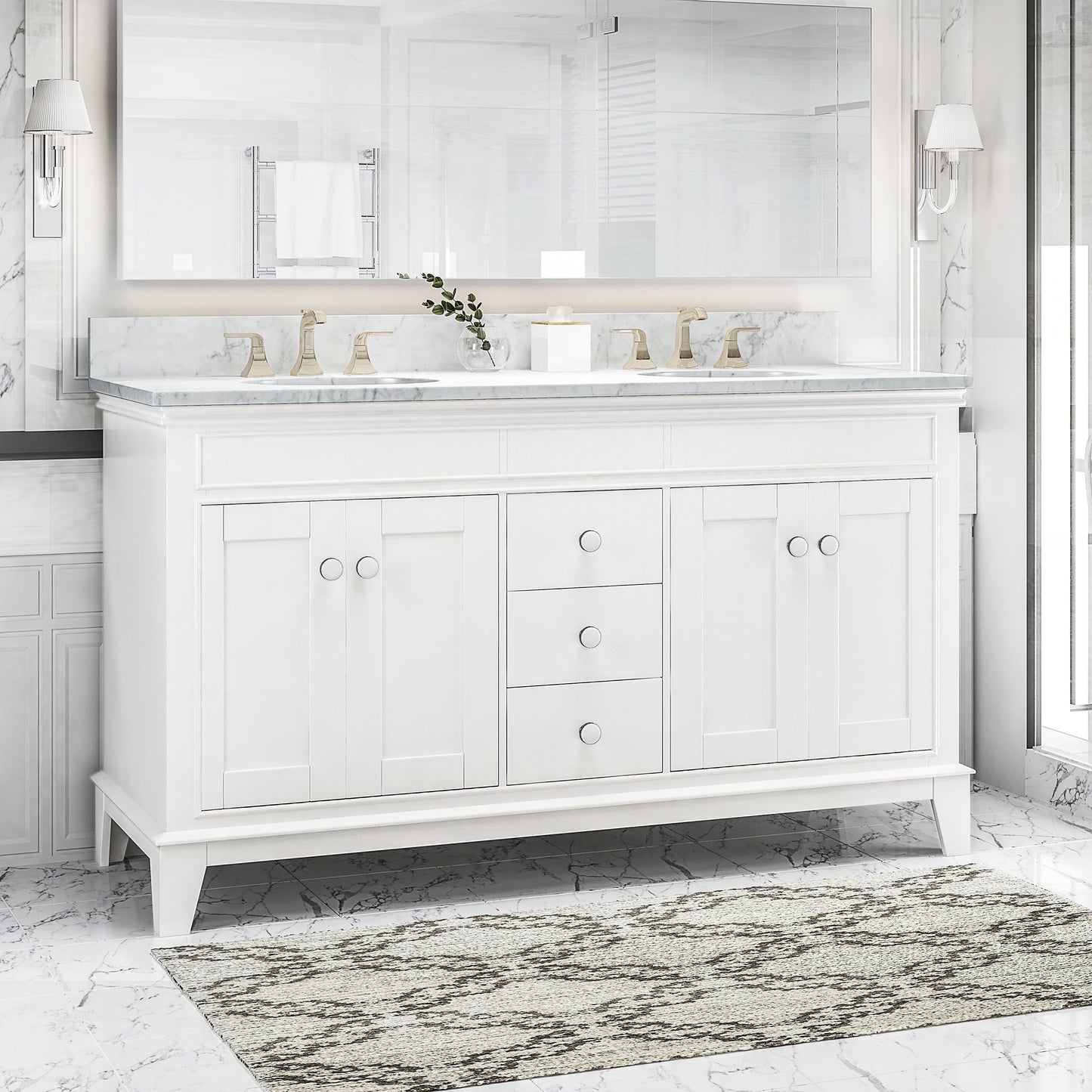 LUMISOL 72" Double Sink Bathroom Vanity with Marble Top, Solid Wood Bathroom Vanity with 3 Drawers and 4 Doors, Italian Carrara Bathroom Vanities with Double Ceramic Sink Set & Backsplash, White